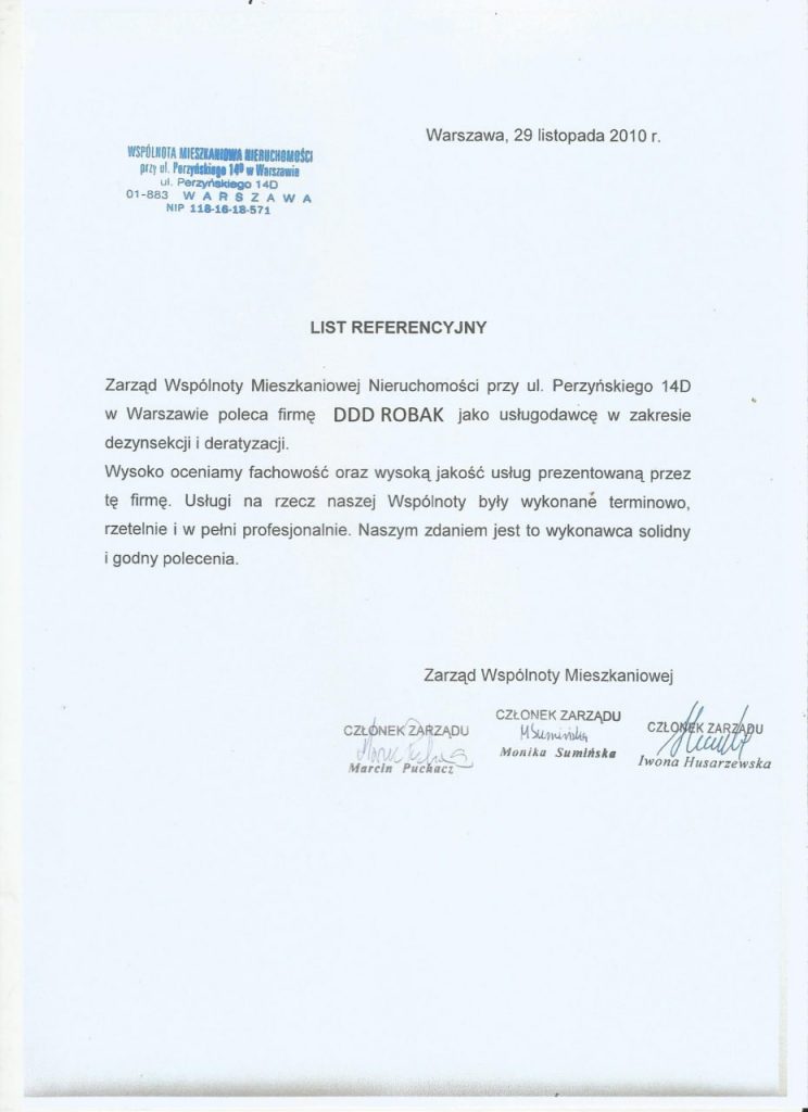 Referencja DDD Robak – usługi dezynsekcji 2010
