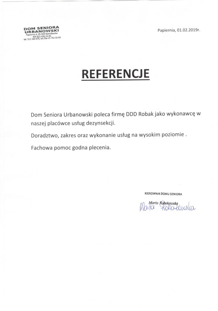 Referencja DDD Robak – dezynsekcja i dezynfekcja 2019